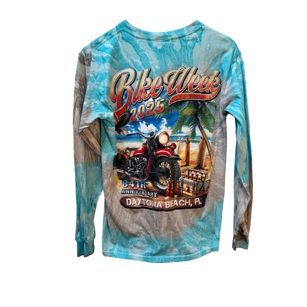 Destinations USA Women Sm Blue Tie Dye Bike Week 2025 Daytona Beach Graphic Tee
